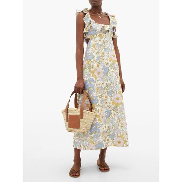 princess polly baby blue dress NWT Zimmermann Golden Floral Print Long Sleeve Linen Maxi Dress 1 AU/ 6 US main image 0